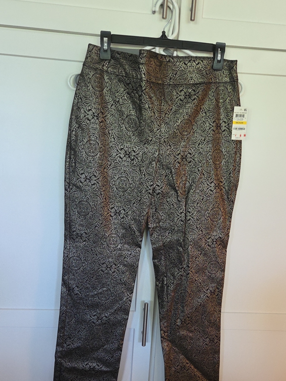 INC Womans Metallic Patterned Dress Pants in Black and Gold